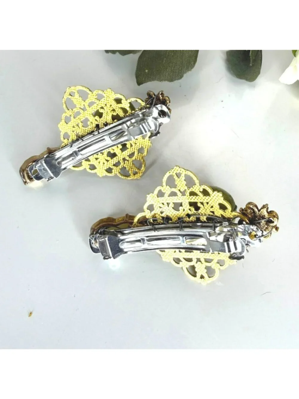 Olive Green Wood Bead Barrettes Set of 2 | Handmade Vintage Jewelry Hair Clips |